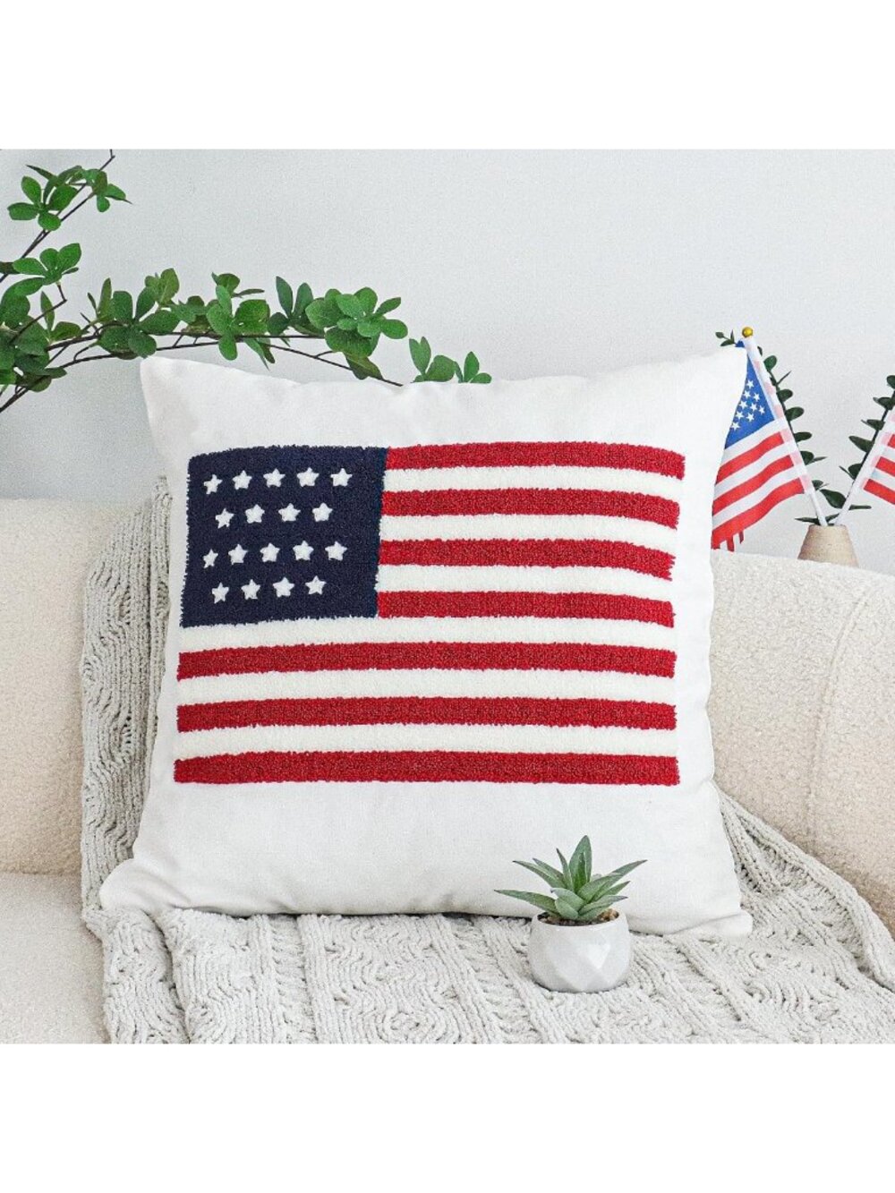 Patriotic 4th of July Throw Pillow Cover - Tufted American Flag Design, 18"x18